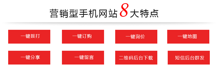 营销型手机网站8大特点：二维码后台下载、短信后台群发、一键留言、一键询价、一键分享、一键地图、一键拨打、一键订购